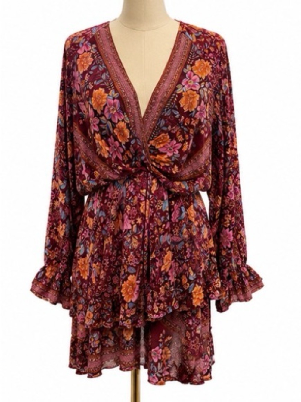 Umgee Floral Boho Mini Dress Size L Burgundy Pink Long Sleeve Ruffle Hem